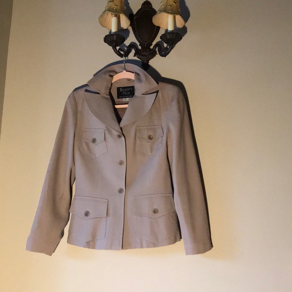 Khaki gaberdine military style jacket.